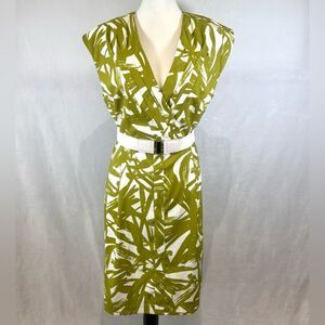 Soho Apparel olive green and white pleated abstract print belted dress size 14